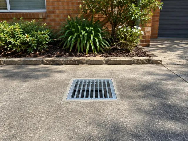 Outdoor driveway drain grate set in concrete paving beside brick house and garden bed in St Leonards