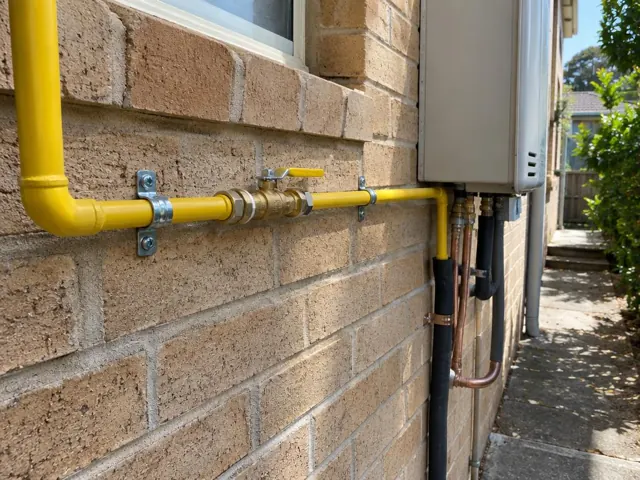 Yellow gas pipe and shutoff valve on a brick exterior wall beside a meter box in Artarmon