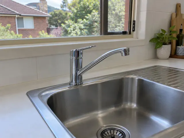 Stainless sink with a new mixer tap beside a tiled kitchen bench and window in Chatswood